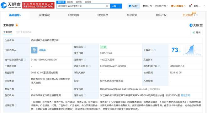 螞蟻集團成立云帆科技，注冊資本1000萬布局計算機軟硬件零售